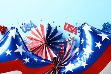 4th of July, Happy Independence Day Banner with American flag color balloons, paper fans, confetti on blue background.
