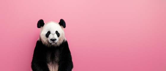A thoughtful panda bear appears pensive against a minimalist pink backdrop, highlighting its captivating charm - obrazy, fototapety, plakaty