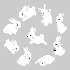 Obraz premium Cute cartoon rabbits. Funny white hares, Easter bunnies. Standing, sitting, running, jumping, sleeping pose. Set of flat cartoon vector illustrations isolated on background. White Easter bunny rabbits