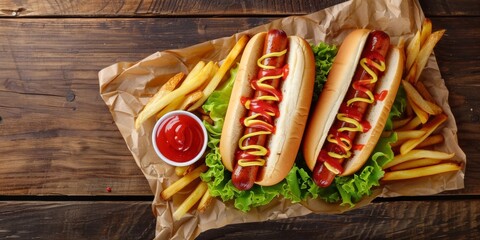 Two Hot Dogs With Ketchup And Mustard, French Fries, And a Ketchup Pot Isolated On a Wooden Table, Studio Photo