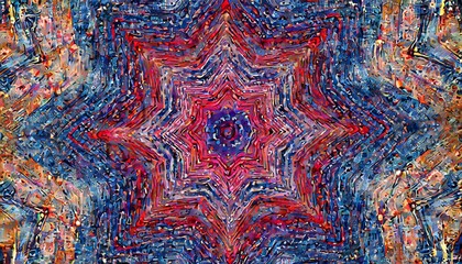 close up of colorful fabric, Mandala art with dot patterns in warm and cool colors, ideal for peace and creativity through art therapy. Serene mandala design blending red and blue, perfect for meditat - obrazy, fototapety, plakaty