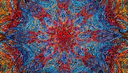 close up of colorful fabric, Mandala art with dot patterns in warm and cool colors, ideal for peace and creativity through art therapy. Serene mandala design blending red and blue, perfect for meditat - obrazy, fototapety, plakaty