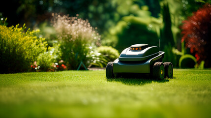 Robotic Lawn Mower cutting green grass in the garden. Automatic robot lawnmower in modern garden on sunny day close up.