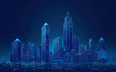 a cityscape with lines and dots on a dark blue background