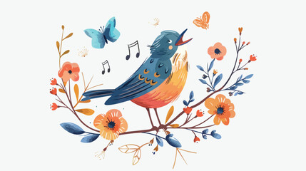 Romantic singing bird with flowers flat vector isolated