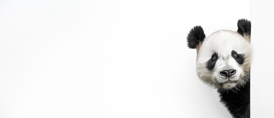 An adorable panda bear peeking from the side of the image, looking curious and playful against a white background