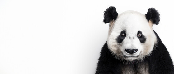 An engaging portrait of a giant panda making direct eye contact, against a stark white background