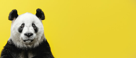 Fototapeta premium A captivating close-up portrait of a panda with vivid yellow backdrop accentuating its features