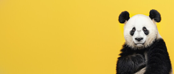 Detailed close-up of a panda with a soft gaze against a yellow background, highlighting its gentle...