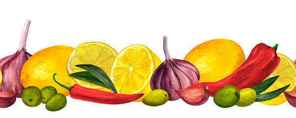 Lemon, olives, hot chili pepper and garlic. Seamless watercolor border for prints on paper, textiles, diy, scrapbooking for packaging. For kitchen and restaurant design, cook and recipe book.
