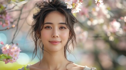A portrait of an Asian woman smiling gently, standing in a lush green park during springtime, cherry blossoms in the background