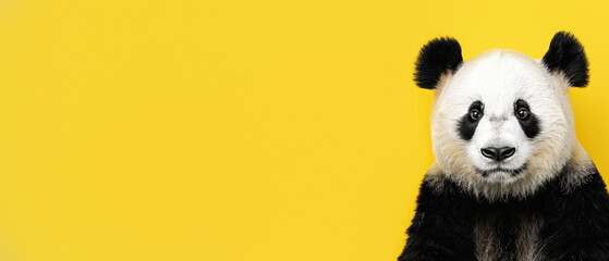 This image features a cute panda bear looking directly at the camera with a vibrant yellow...