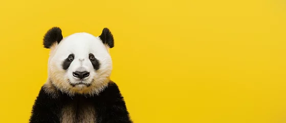 Foto op Plexiglas The image captures a charming panda bearing a soft gaze upon a saturated yellow background, emphasizing its heartwarming and expressive eyes © Fxquadro