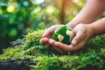 Hands holding a green small planet, symbolic eco gesture for environmental protection, human responsibility for nature conservation, Earth care and sustainable development