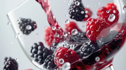 Rolgordijnen Blueberries and raspberries splashing into crystal clear water with air bubbles. Generative AI © saicle