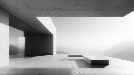 Futuristic minimalistic interior with concrete and glass. Generative AI - 786349545
