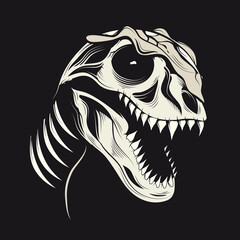 Dinosaurier Schädel Tyrannosaurus Rex Dino Kopf Fossil im Comic Stil gezeichnet schwarz weiß mit schwarzen Hintergrund