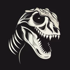 Photo sur Plexiglas Dinosaures Dinosaurier Schädel Tyrannosaurus Rex Dino Kopf Fossil im Comic Stil gezeichnet schwarz weiß mit schwarzen Hintergrund