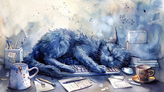 A painting showing a cat peacefully asleep on a computer keyboard
