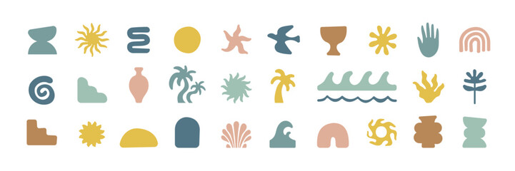 Boho groovy palm tree beach sun sea stickers. Surf club vacation and sunny summer day aesthetic. Vector illustration background in trendy retro naive simple style. Pastel yellow blue braun colors. - obrazy, fototapety, plakaty