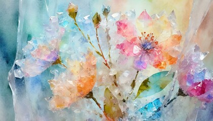 Flowers encased in ice, with crystals forming around the petals and leaves, combining the elements of cold and flora in a striking visual metaphor for resilience