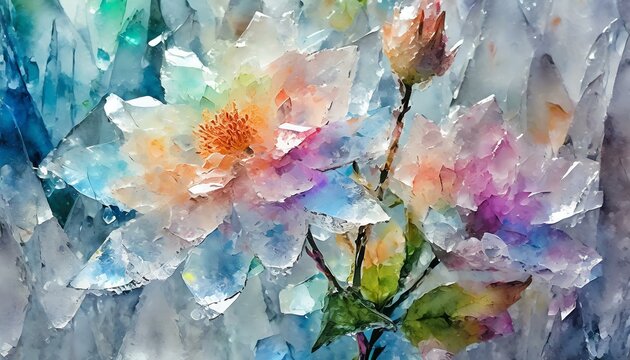 Flowers encased in ice, with crystals forming around the petals and leaves, combining the elements of cold and flora in a striking visual metaphor for resilience