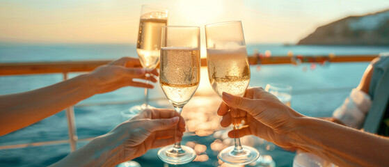 Group of friends enjoying an evening with champagne against the sea. Friends clinking champagne...