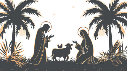 Saint joseph and mary virgin in mule manger silhouette - obrazy, fototapety, plakaty