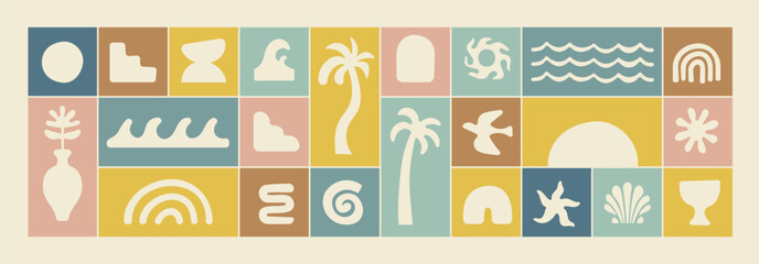 Obraz premium Boho groovy palm tree beach sun sea stickers. Surf club vacation and sunny summer day aesthetic. Vector illustration background in trendy retro naive simple style. Pastel yellow blue braun colors.