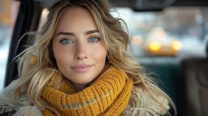 A realistic photo of a blond woman adjusting her scarf as she rides in a taxi on a chilly day - obrazy, fototapety, plakaty