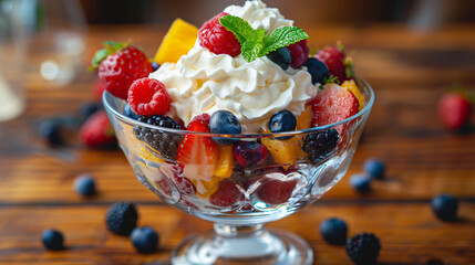 Delicious fruit salad with assorted berries and whipped cream 