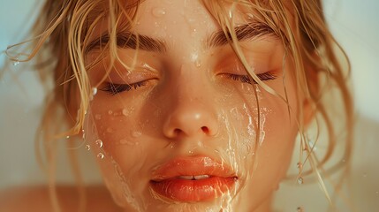 A realistic photo of a blond woman with her eyes closed and lips parted slightly, immersed in the warmth of the shower - obrazy, fototapety, plakaty