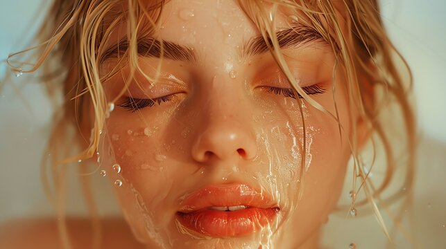A realistic photo of a blond woman with her eyes closed and lips parted slightly, immersed in the warmth of the shower