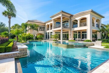 Fototapeta na wymiar modern luxury home exterior with large swimming pool and lush landscaping on sunny day real estate photography