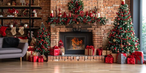Christmas Interior of festive living room with fireplace. Christmas socks with gifts on fireplace in living room. Festive New Year magic background