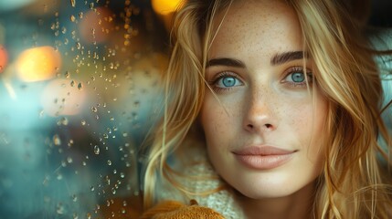 A realistic photo of a blond woman gazing happily out of a taxi window, her reflection clear in the glass - obrazy, fototapety, plakaty