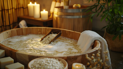 Fototapeta na wymiar Immersive Sensory Experience with a Relaxing Oatmeal Bath Surrounded by Cosy Ambiance