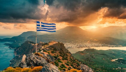 The Flag of Greece On The Mountain. - obrazy, fototapety, plakaty