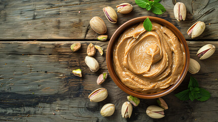Delicious nut butter in bowl and pistachios on wooden background