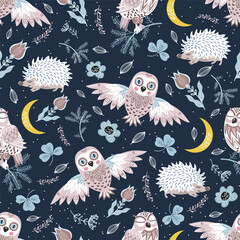Seamless pattern with owls, crescents and floral elements. - obrazy, fototapety, plakaty