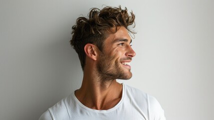 Fototapeta premium Curly-haired man in white shirt