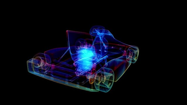 Karting car. Low poly wireframe Polygonal Video Footage with connected dots and blue bright light model Kart