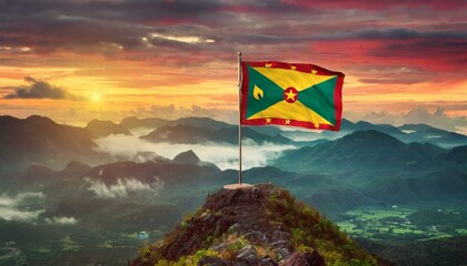 The Flag of Grenada On The Mountain. - obrazy, fototapety, plakaty