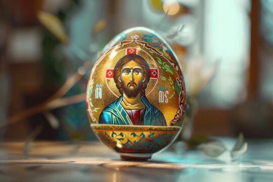 Easter Egg with Jesus Painting on Table in Christian Decorative Easter Holiday Concept