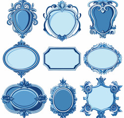 a set of blue ornate frames and labels