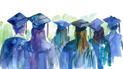 A painting depicting a group of individuals wearing graduation caps, celebrating their academic achievement together