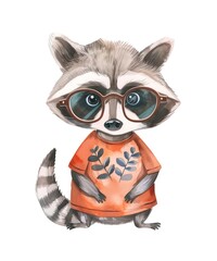 Young cute raccoon wearing glasses and orange T-shirt isolated on white background, watercolor illustration.