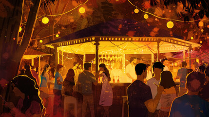 A diverse group of individuals are gathered around a bar counter at night, socializing and enjoying drinks in a lively atmosphere