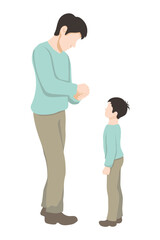 Asian father in full growth doing something with his hands, his son stands nearby and looks and waits - simple vector style. father and son