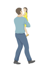 Caucasian father in full growth carries his daughter in his arms - simple vector style. Father and daughter